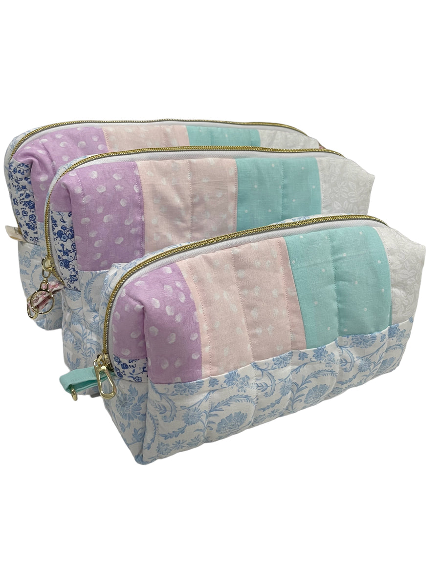 Baby blue Chinoiserie & colorful patchwork detail cosmetic bag